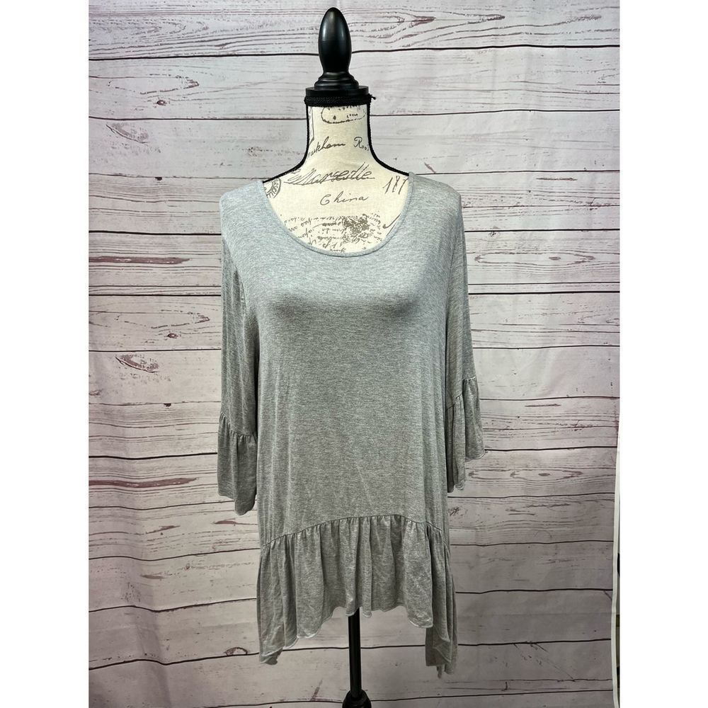 Heathmoor Heather Grey‎ Ruffle Peplum Tunic Top 3/4 Bell Sleeve Womens Large
